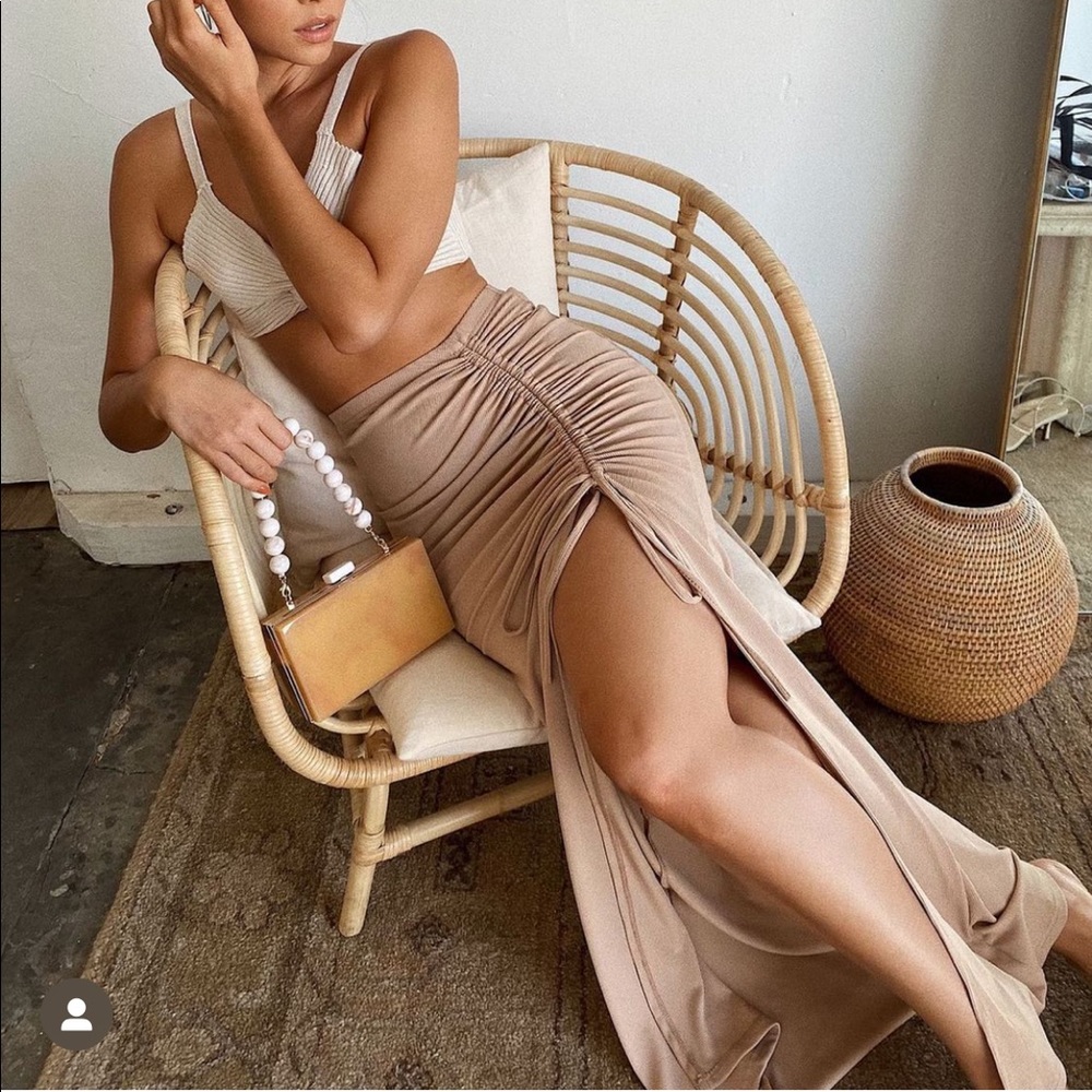 Shop Starlow beige midi skirt with slit. Never won with tags.